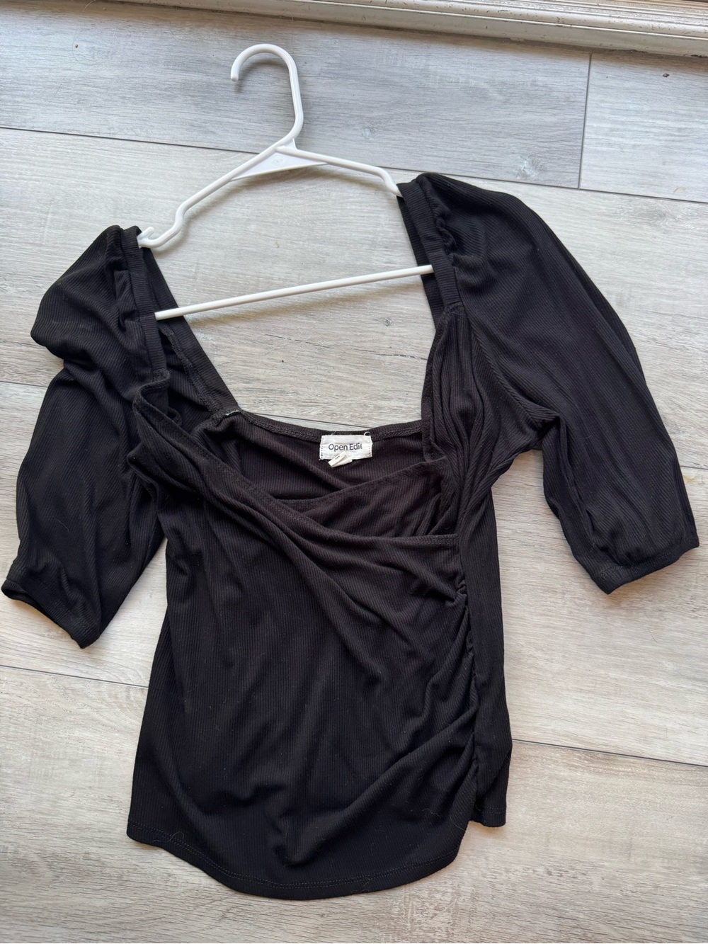 Open Edit Black Square-Neck Puff Sleeve Top